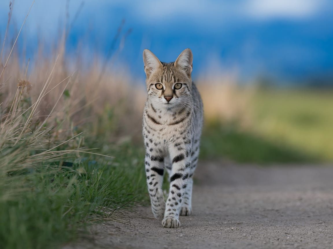 Serval Cat Walking on Dirt Path
