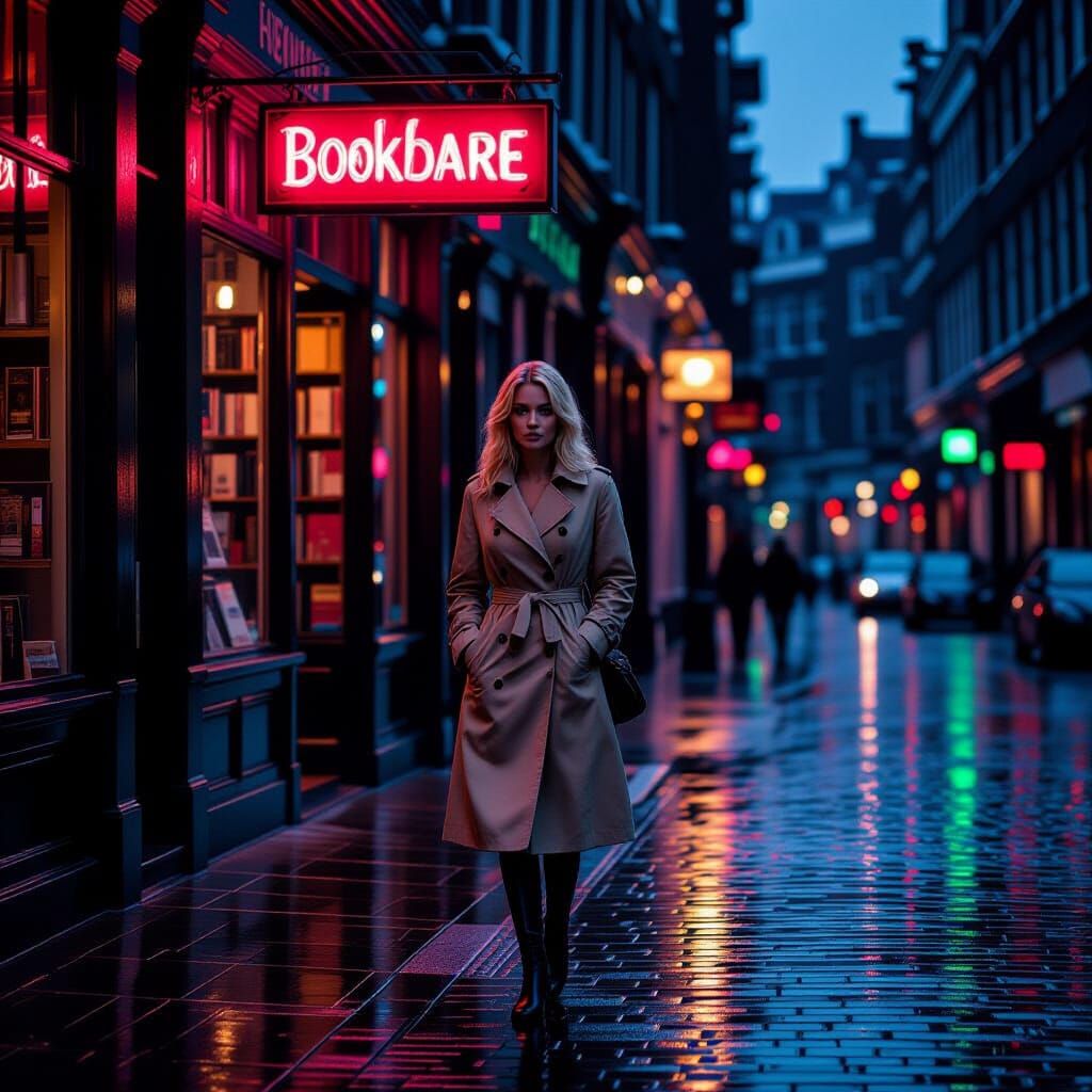 Woman in Trench Coat on Rainy Street at Dusk