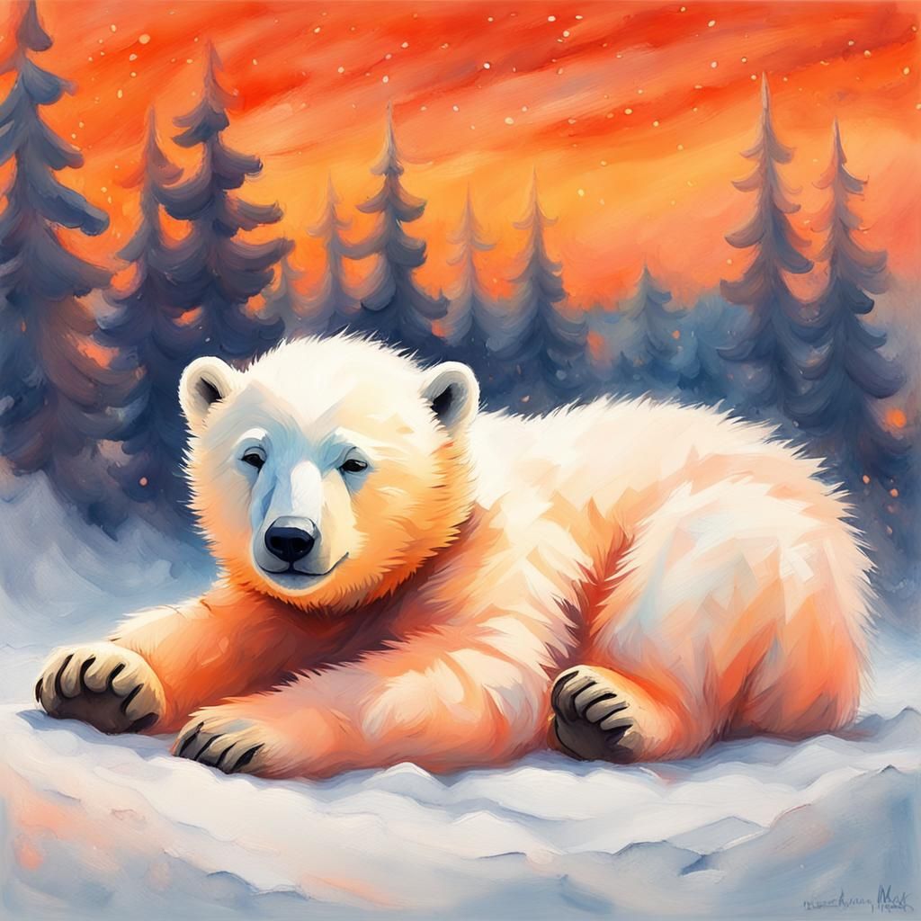 Polar Bear Cub Asleep Under Orange Sky
