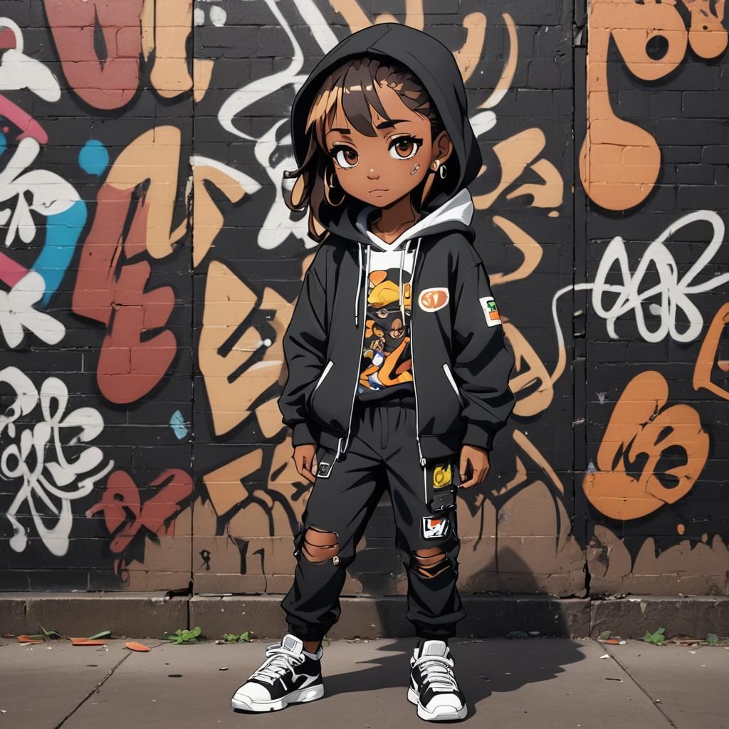 Anime-Style Chibi Hip Hop Dancer Before Graffiti Wall