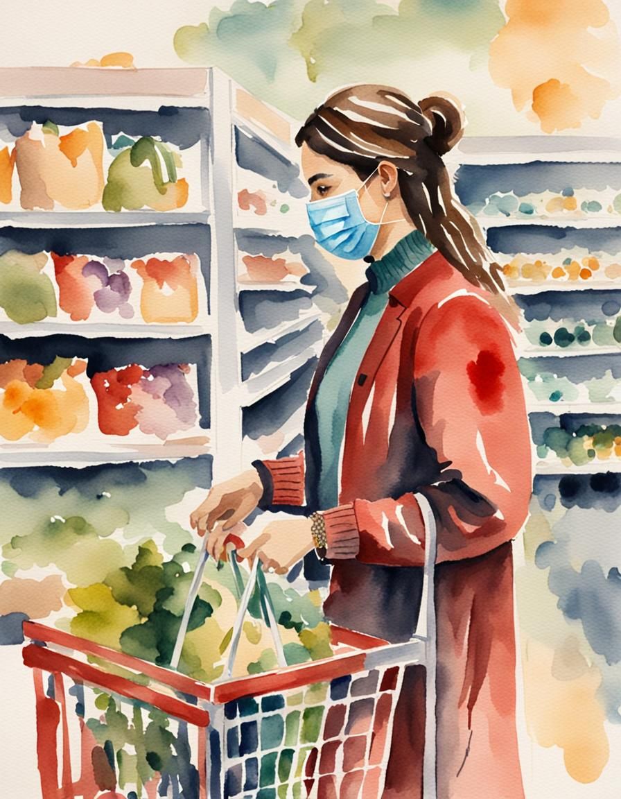 Watercolor Painting of Shopper Wearing Mask