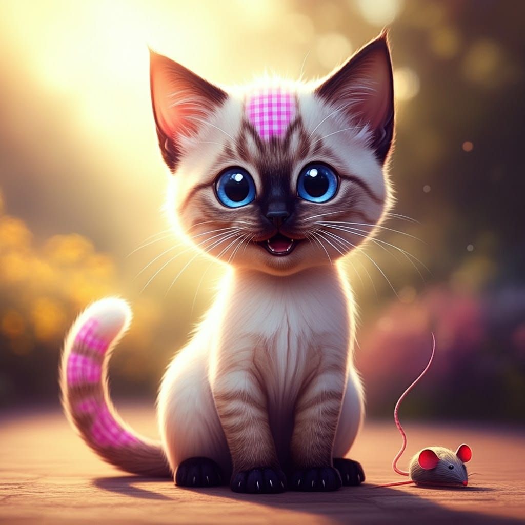Whimsical Siamese Kitten in Gingham Pattern Plays in Sunny G...
