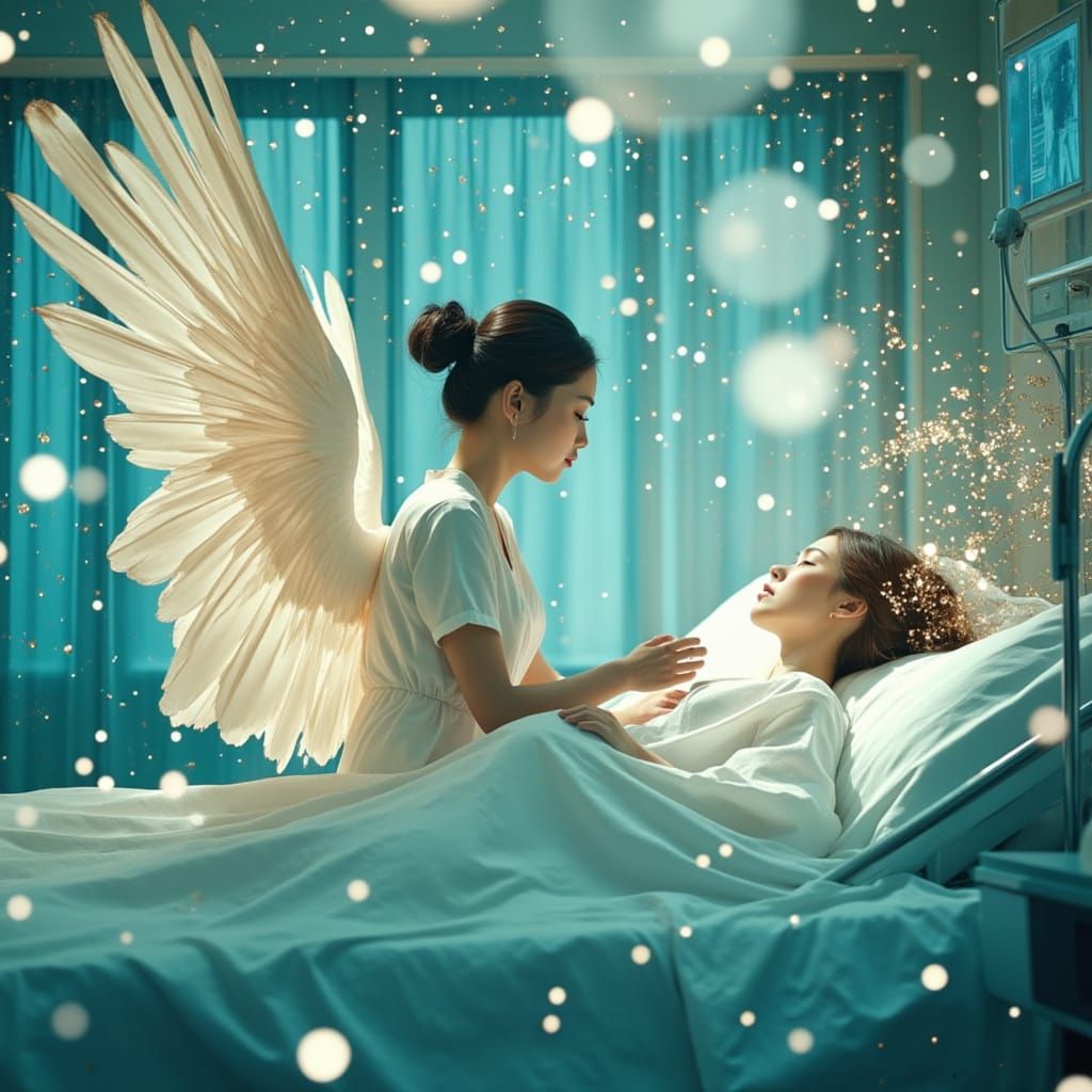 Compassionate Nurse with Angelic Wings in a Sterile ICU Sett...