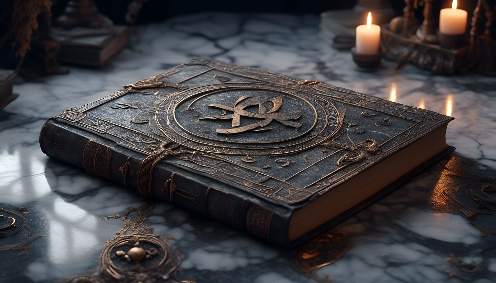 Runic Tome on Marble Platform in Hyperreal Detail
