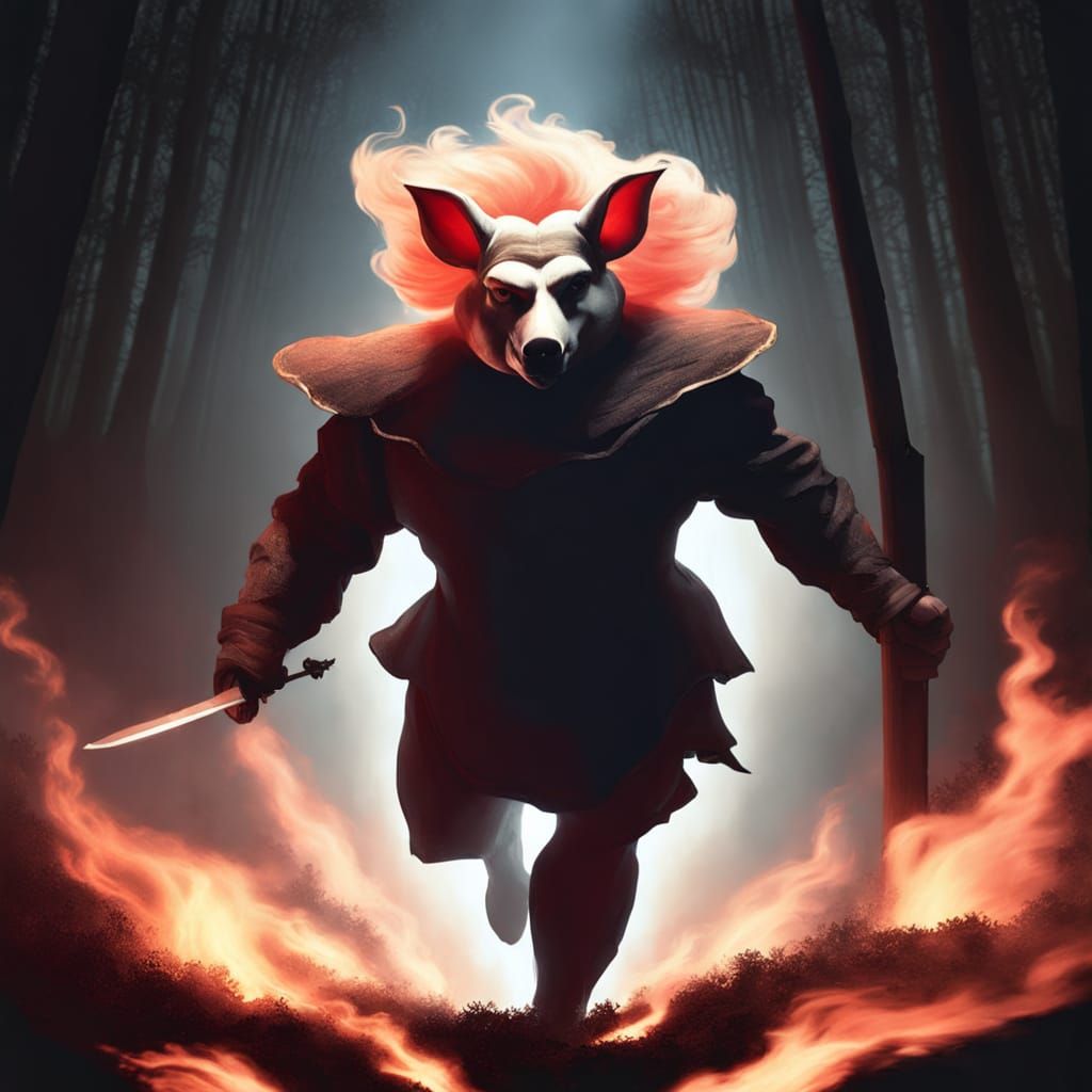 Knight Brandishes Sword in Eerie Moonlight Forest