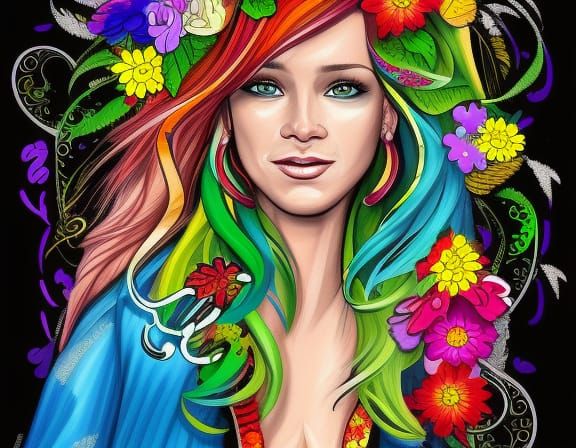 Maximalist Line Art Portrait with Floral Background