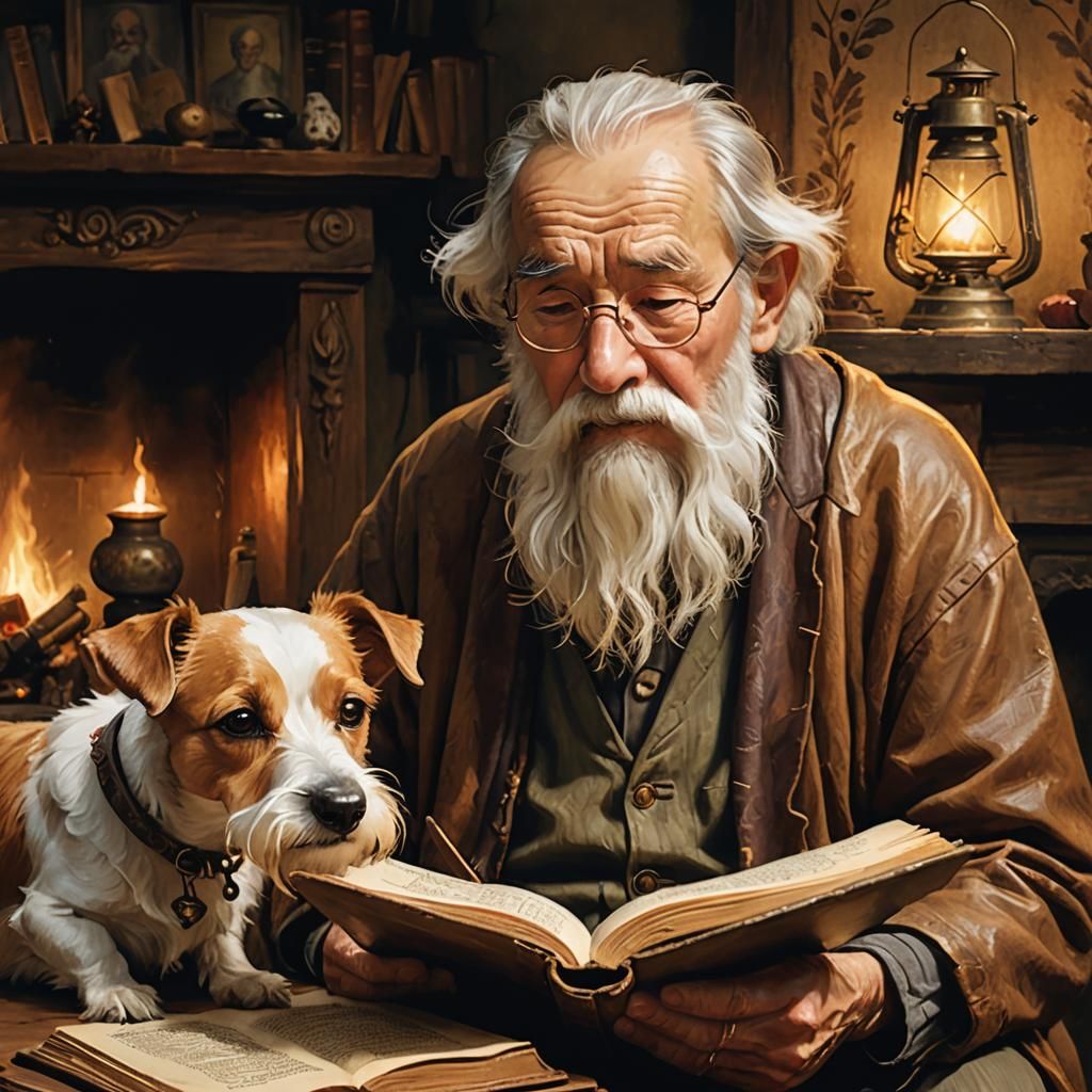 Wise Old Man Reads Book with Dog, Miyazaki Style