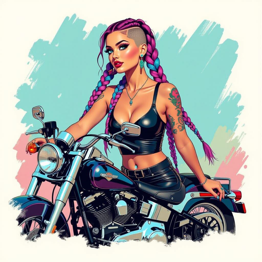 Pop Art Woman on Motorcycle with Braids