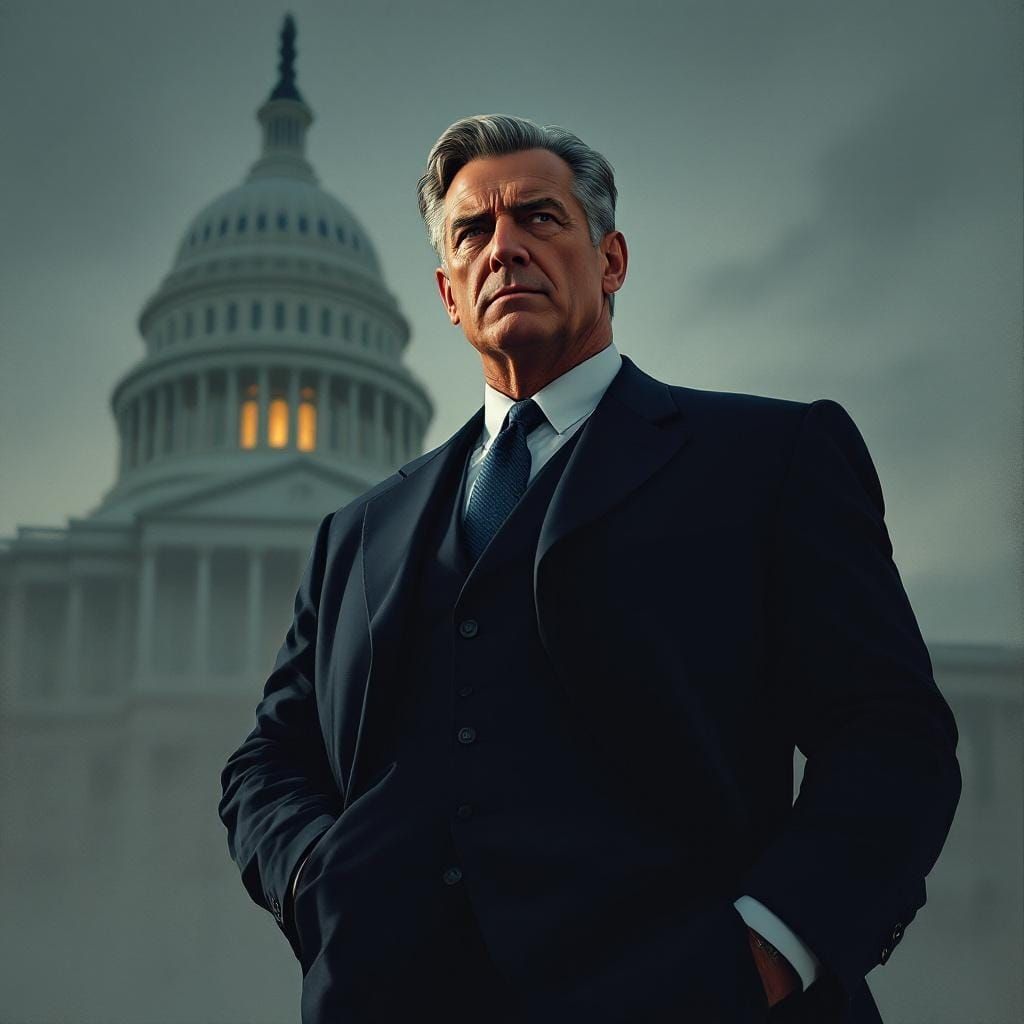 Determined Politician Against Government Building in Stylize...