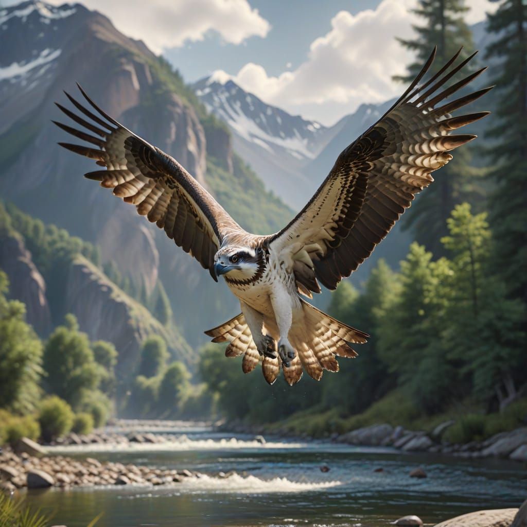 Majestic Osprey in Flight Over River Basin