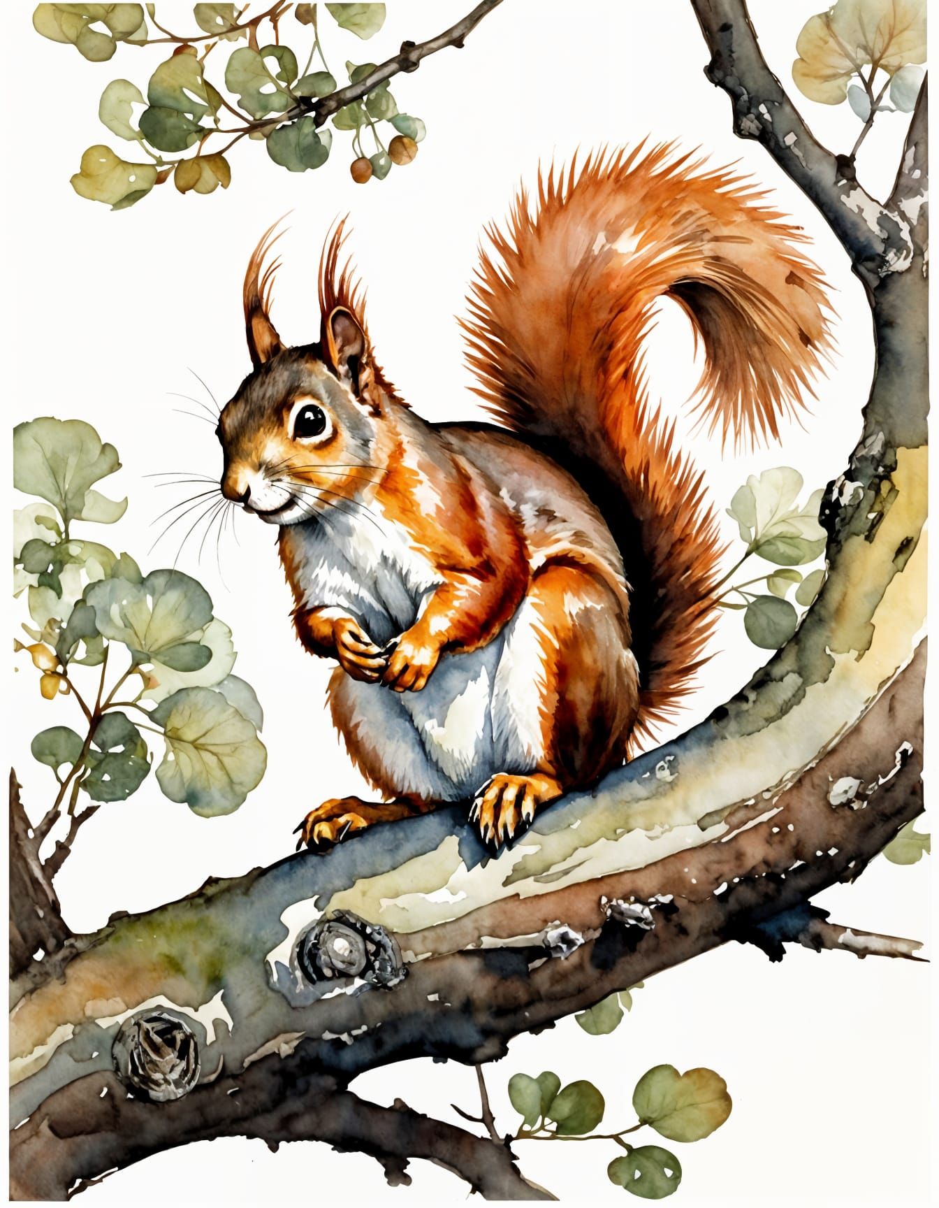 Squirrel Perched on Tree Branch in Whimsical Watercolor