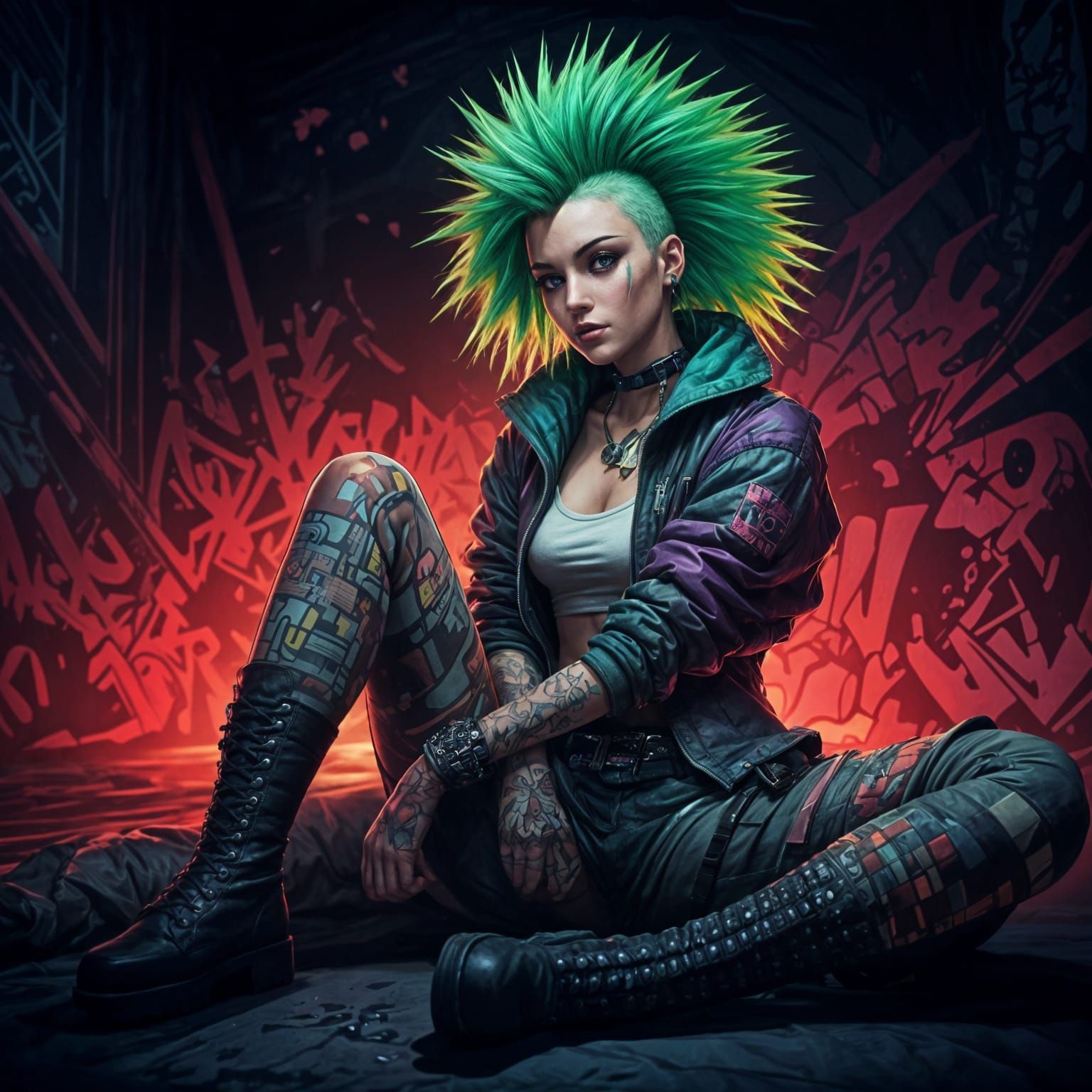 Neon Mohawk Punk Girl in Anime Style