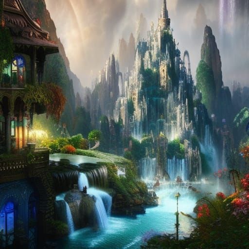 Waterfall Fantasy City: Epic Digital Matte Painting