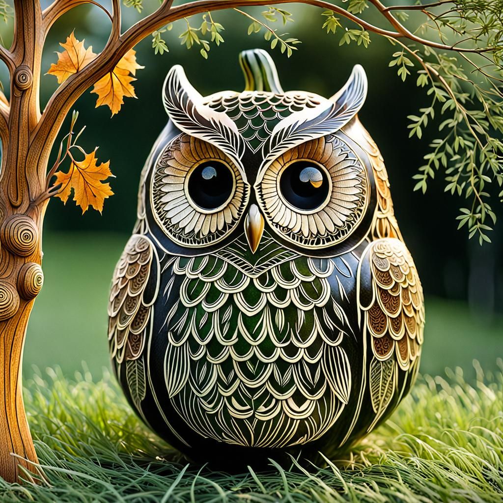 Intricate Owl Gourd Carving