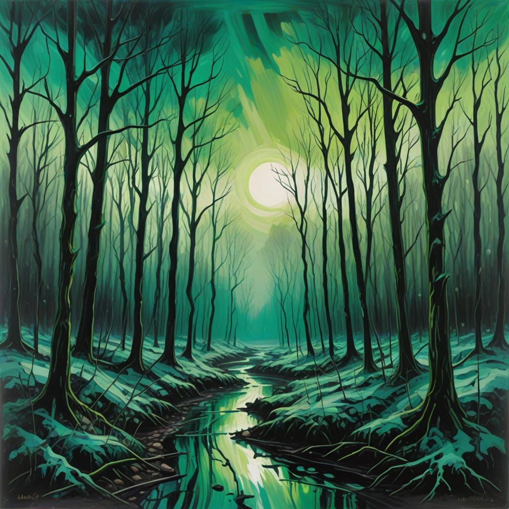 Expressionist Winter Forest with Emerald Mist