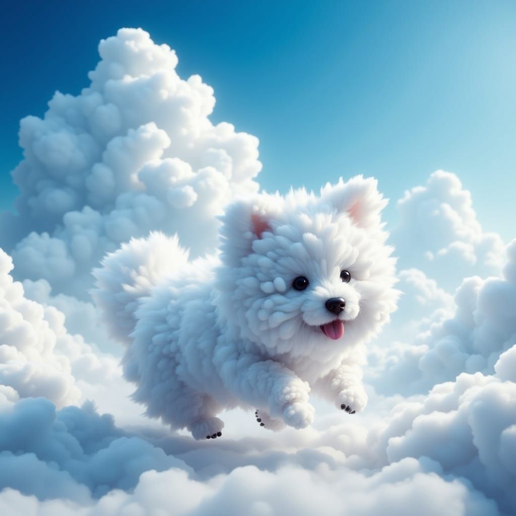 Adorable Fluffy Dog in Whimsical Cloud Landscape