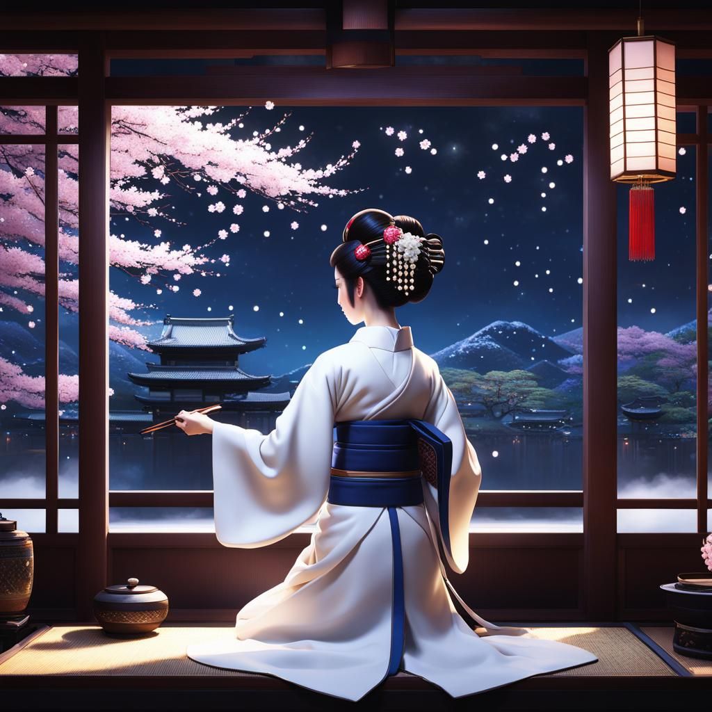 Kyoto Geisha Preparing Hair with Cherry Blossoms