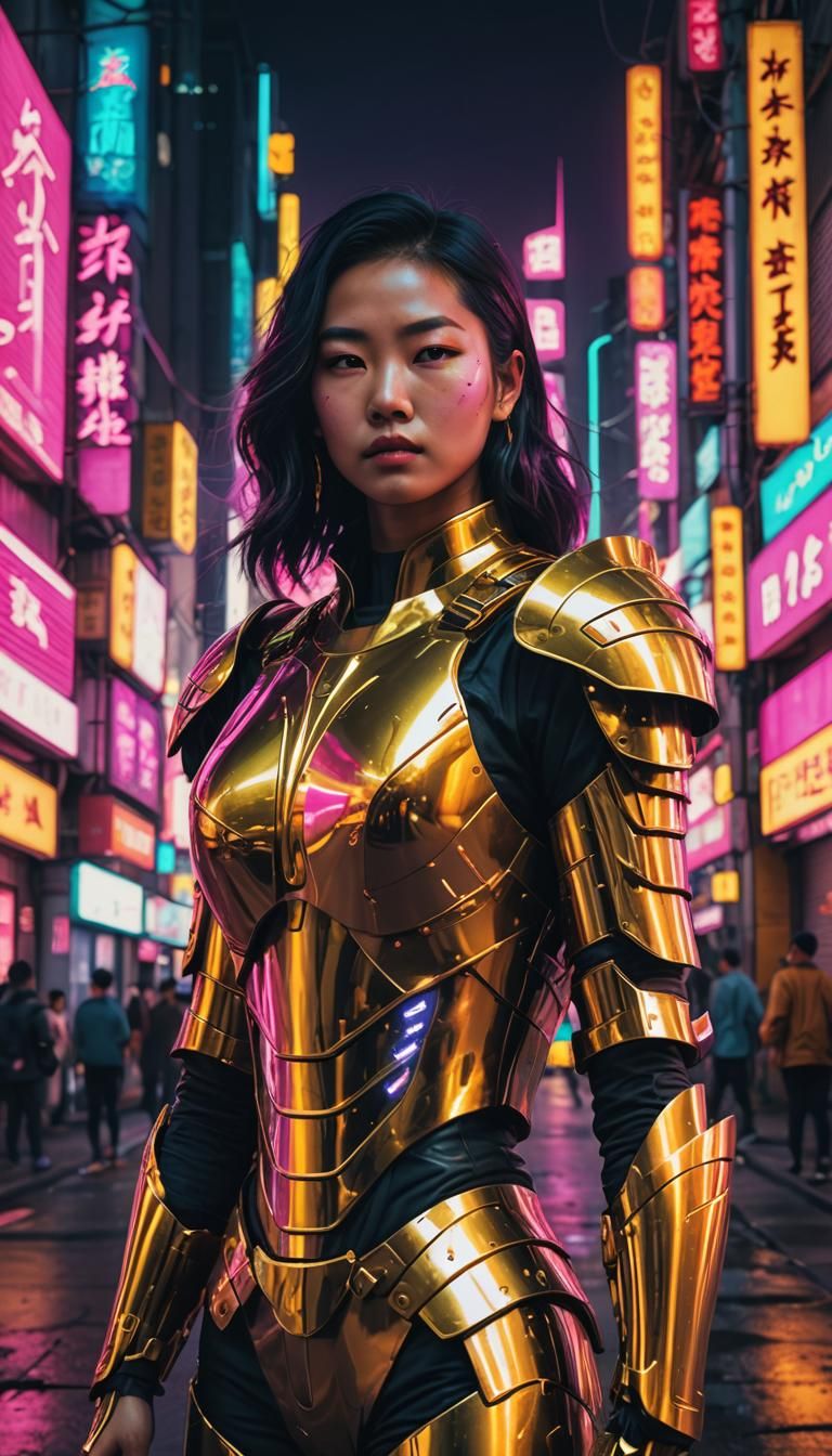 Asian Woman in Golden Armor in Neon City