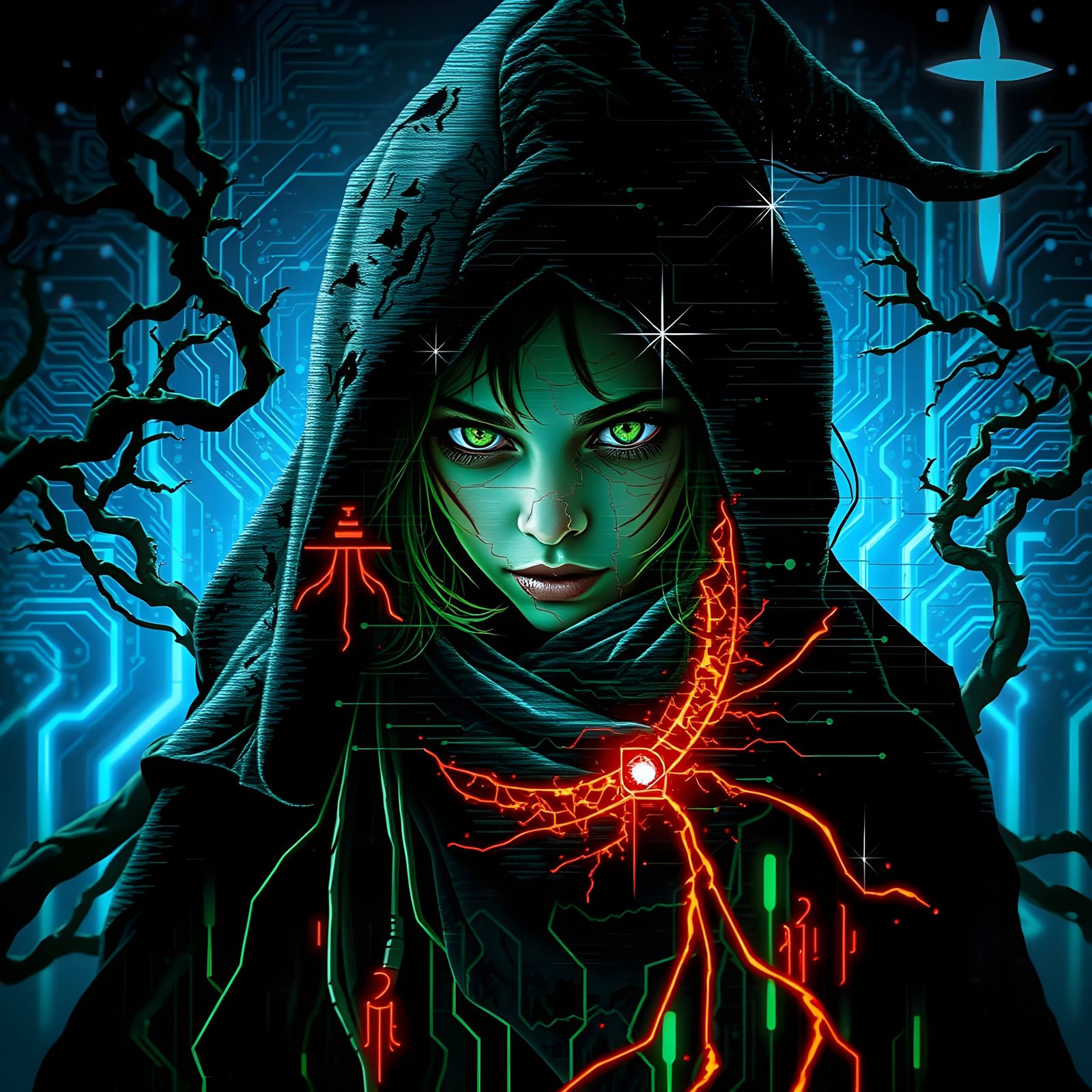 Glitch Witch in Neon Pixel Art