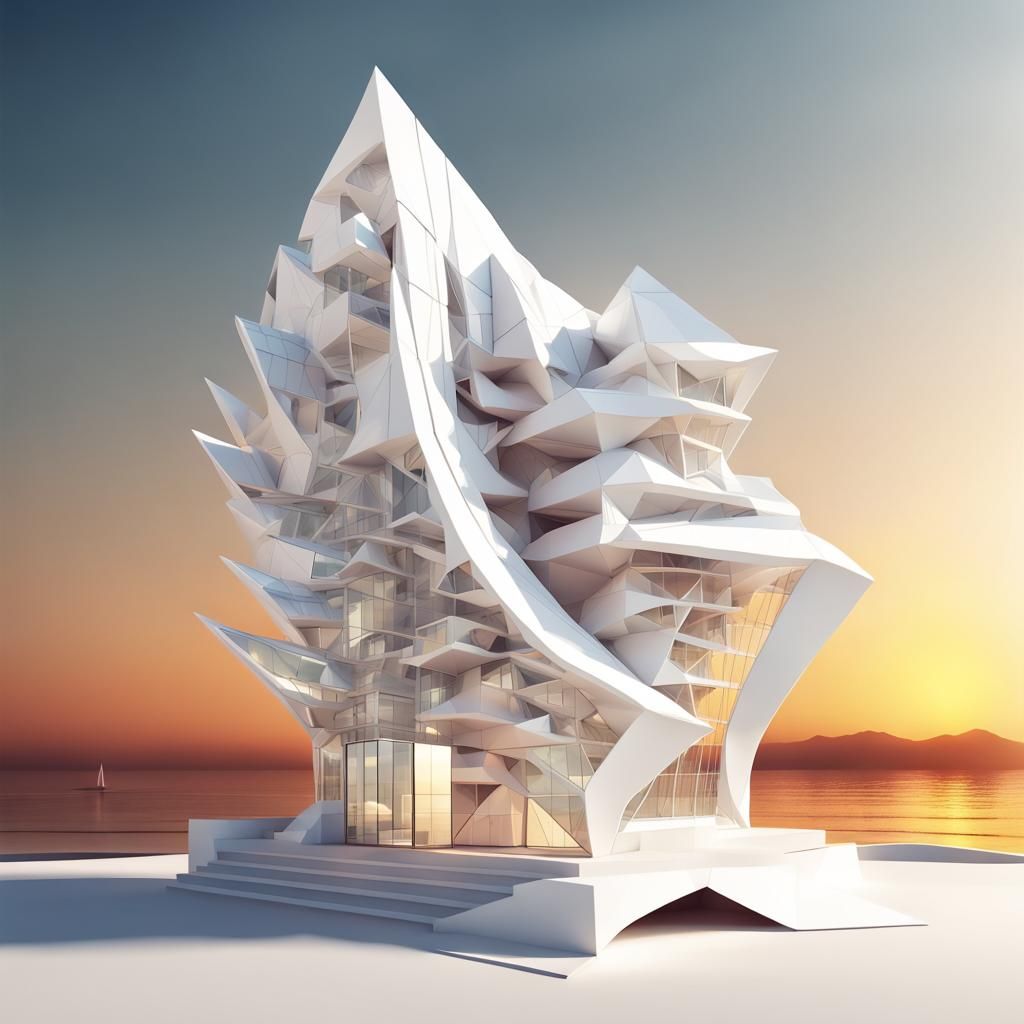 Futuristic Glass Building with Surreal Paper Geometry