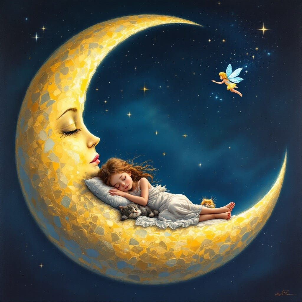 Luminous Crescent Moon with Sleeping Child in Dreamlike Oil ...