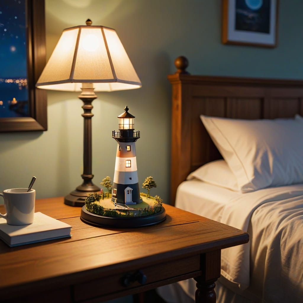 a miniature lighthouse on the table beside my bed