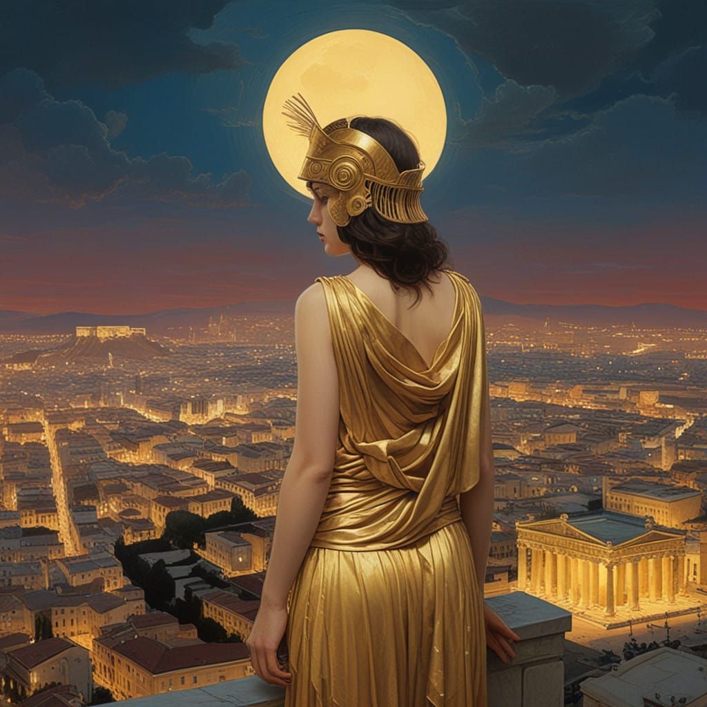 Athena Sees Modern Athens from the Parthenon in a Dreamy, Sy...