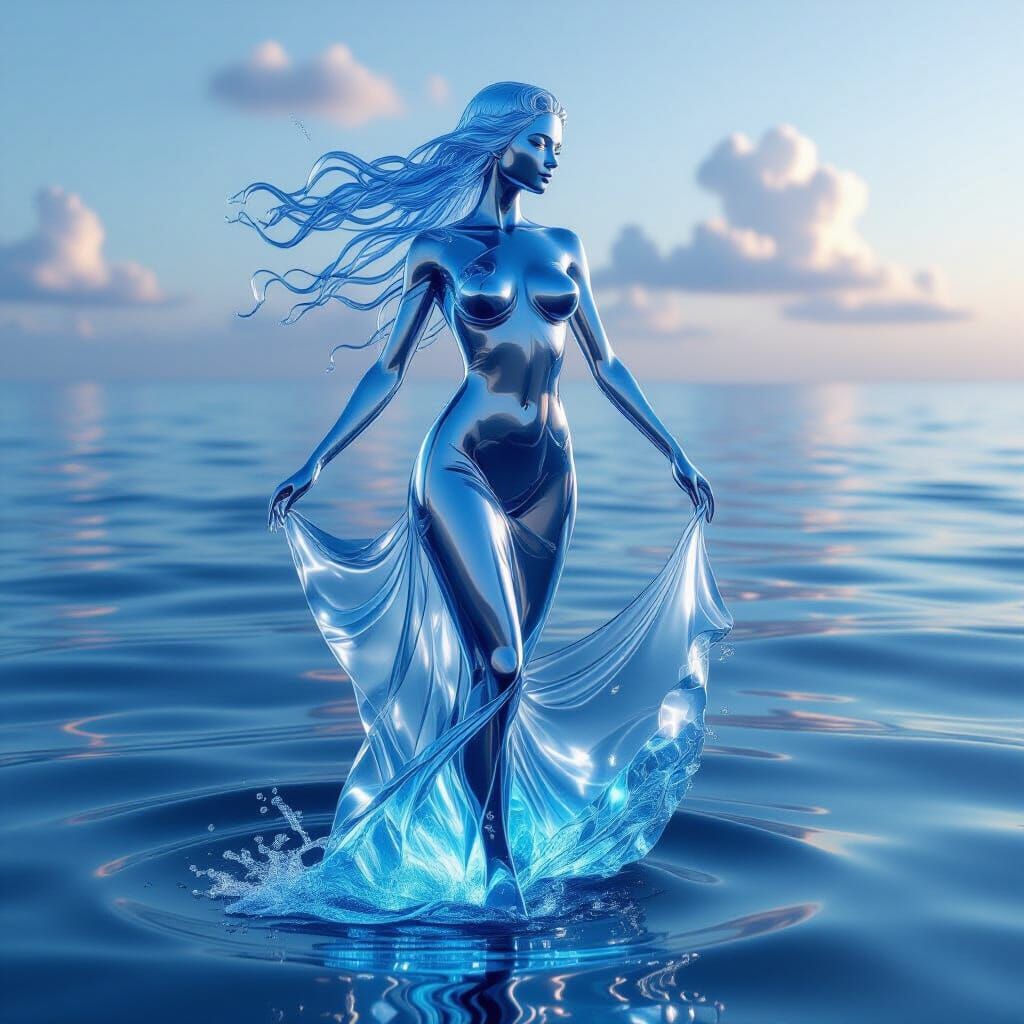 Elegant Water Woman in Deep Ocean