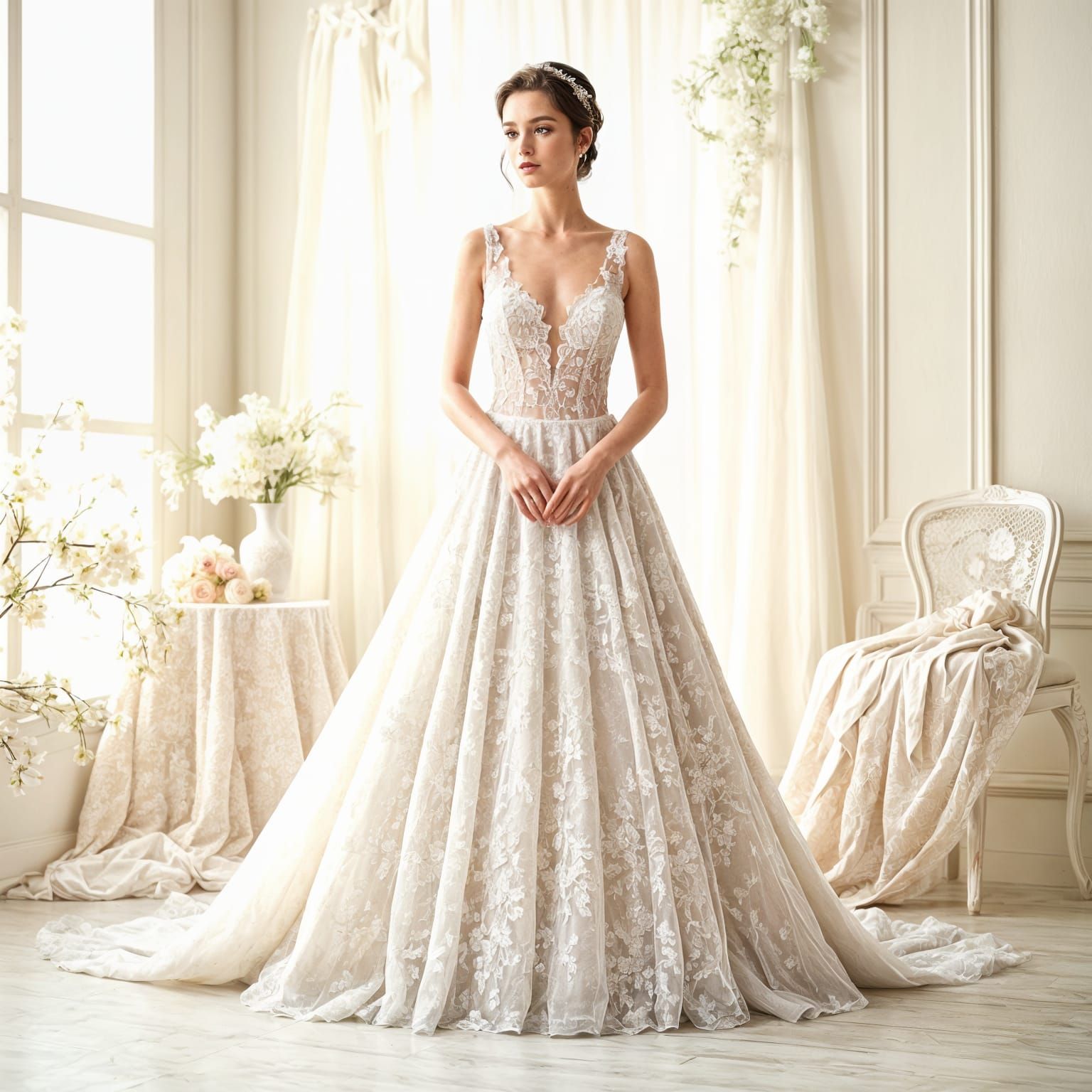 Elegant Bride in White Wedding Dress