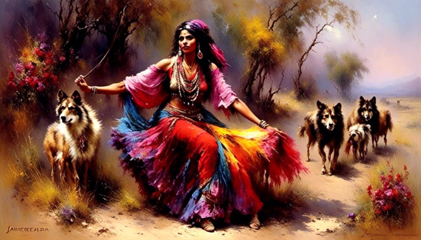 Lone Gypsy Dancer with Tambourine at Camp