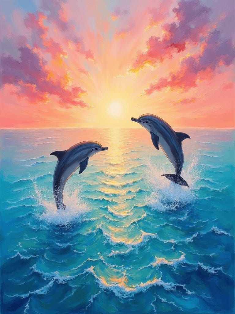Dolphins Leap in Sunrise Ocean Art as Impasto Oil Painting