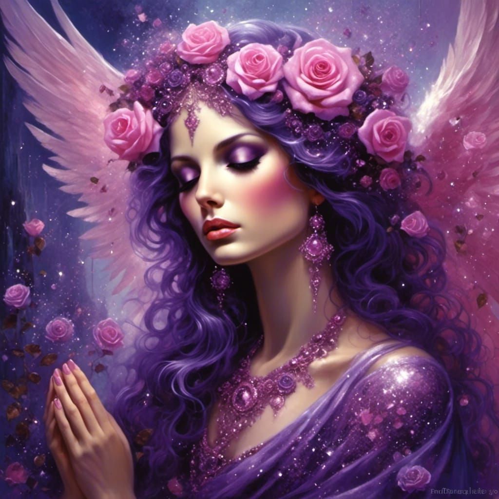 Enchanted Garden: Angel Praying Among Glittery Roses
