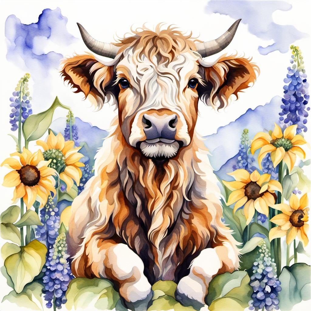 Watercolor Highland Cow Calf in Sunflower Garden