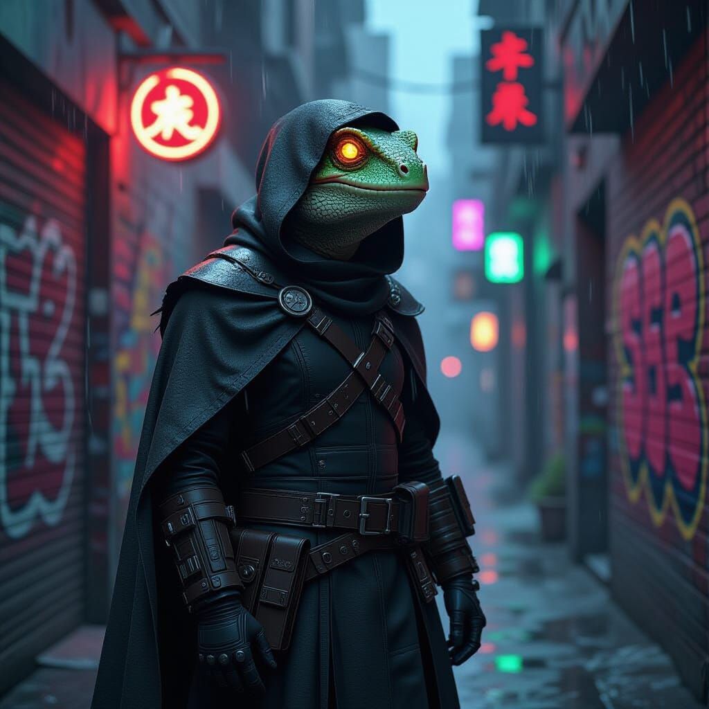 Cybernetic Lizard Bounty Hunter in Neon Alleyway