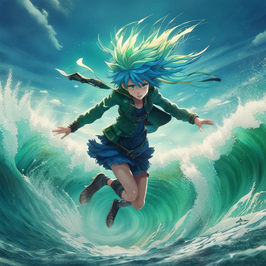 Anime Character Jumps into Blue Sea: Digital Matte Painting