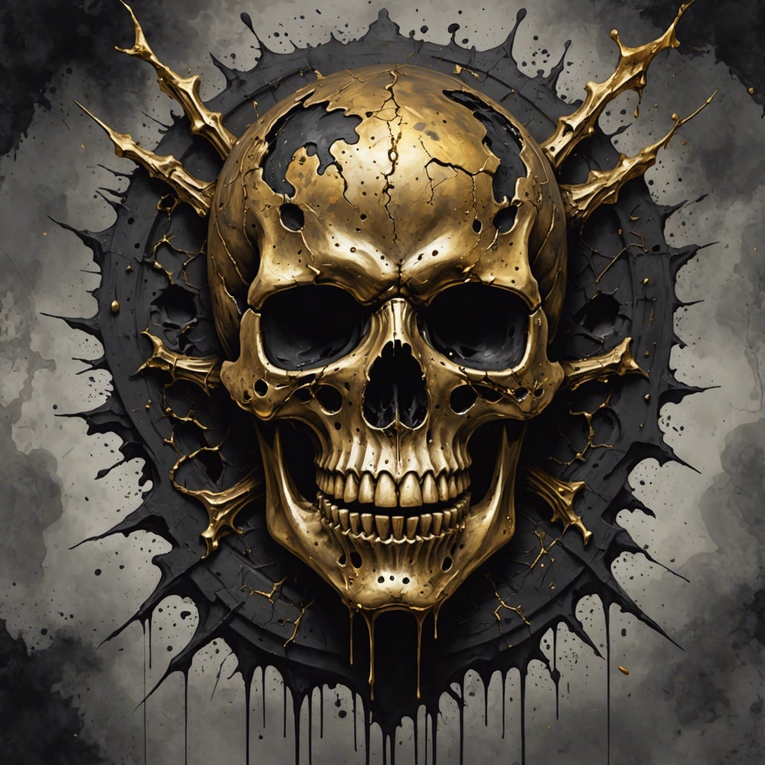 Ominous Skull with Molten Gold, Macabre Digital Art