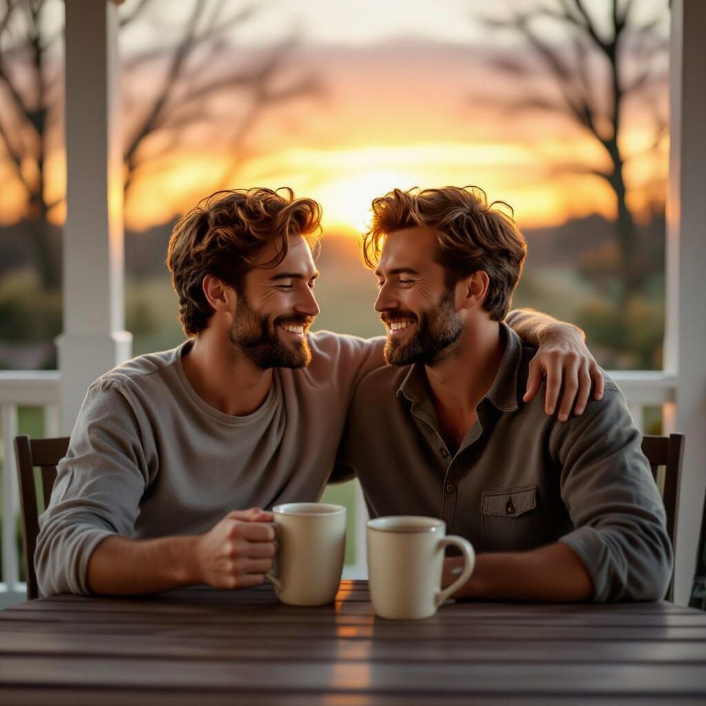 Gay Couple Embracing Sunrise on Cottage Porch