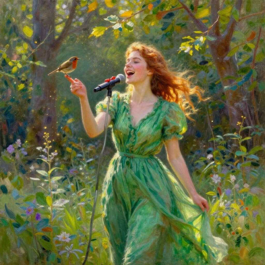 Joyful Woman Singing in Sunlit Forest with Robin