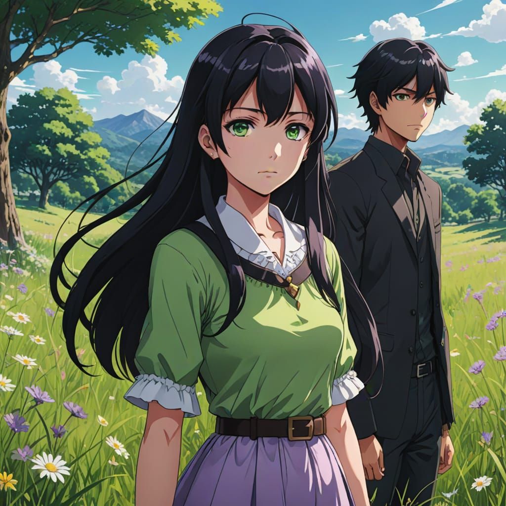 Anime Girl in Meadow with Green Eyes