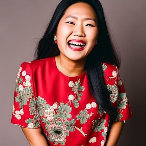 Beautiful Asian Woman in Red Dress Photograph