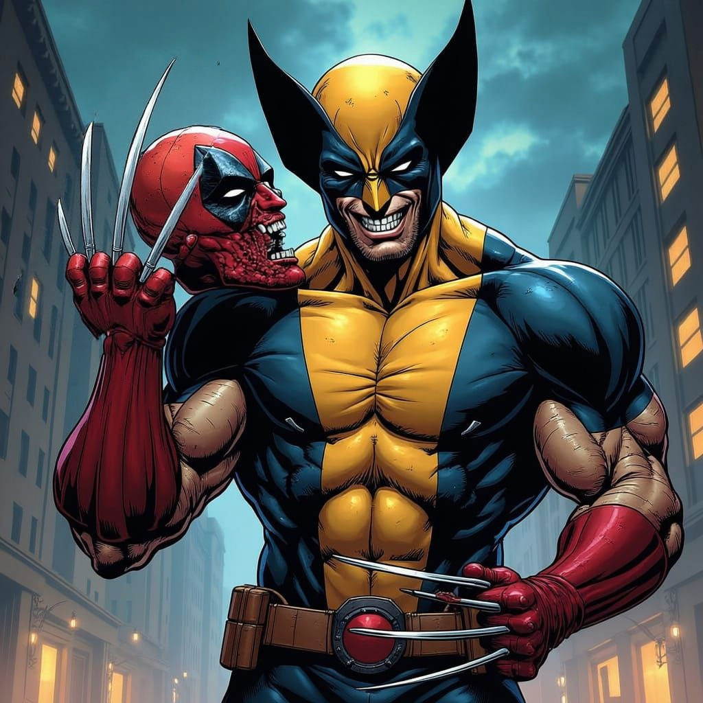 Wolverine Holding Severed Deadpool Head, Mischievous Look