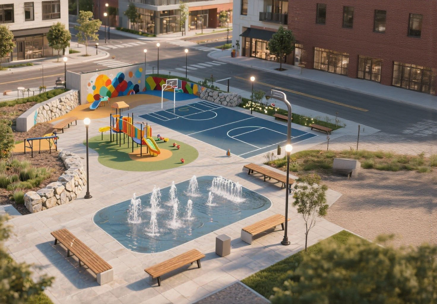 Modern Public Square with Smart Lighting and Water Fountains