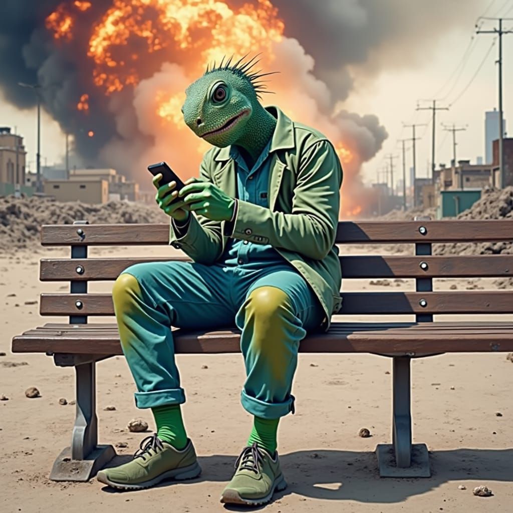 Apocalyptic Chameleon Man Hybrid on Park Bench