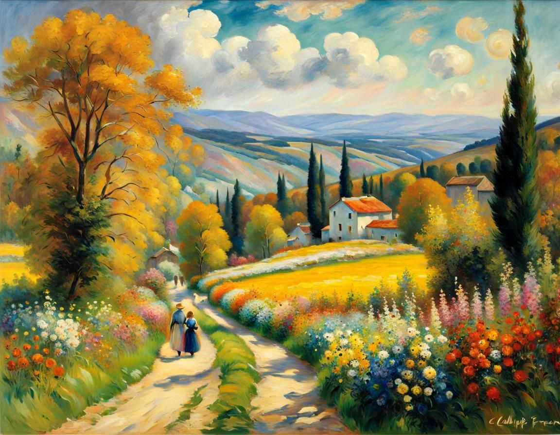 Family Strolls Through Impressionistic Floral Landscape
