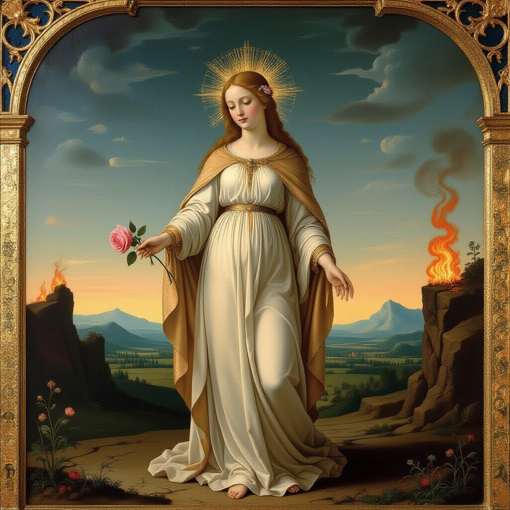Mary Holding Rose Amidst Hellish Flames