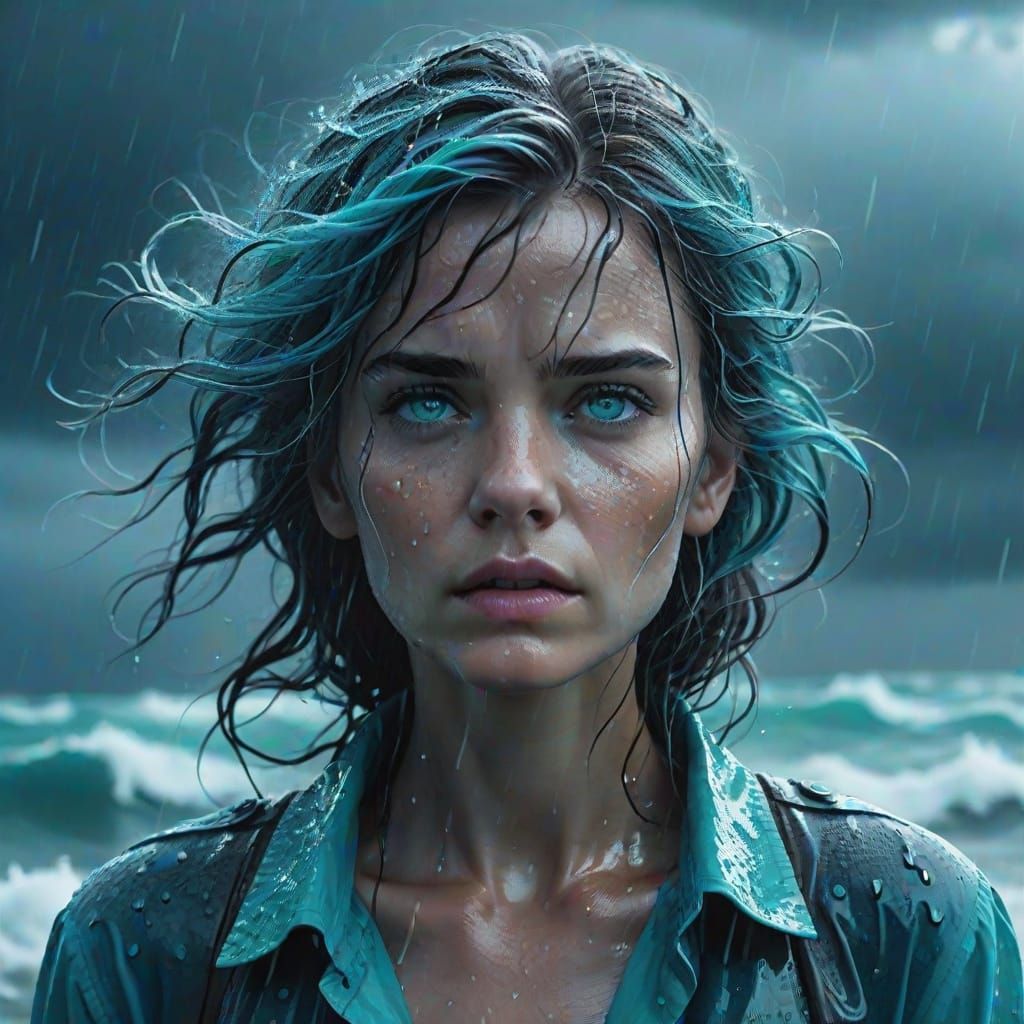 Woman in Stormy Downpour by the Sea: Digital Art