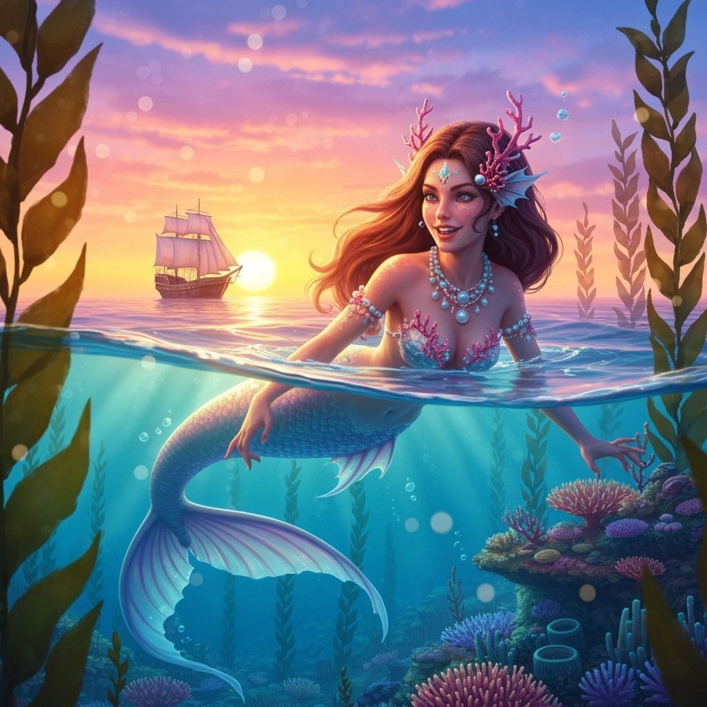 Vibrant Mermaid in Kelp Forest at Sunset