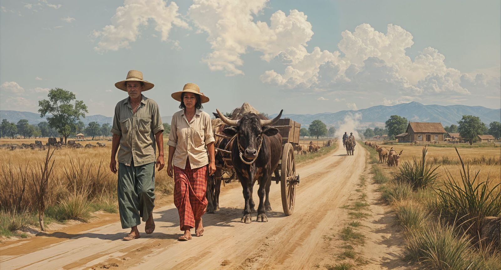 Oxen Pulling Cart in Lush Landscape