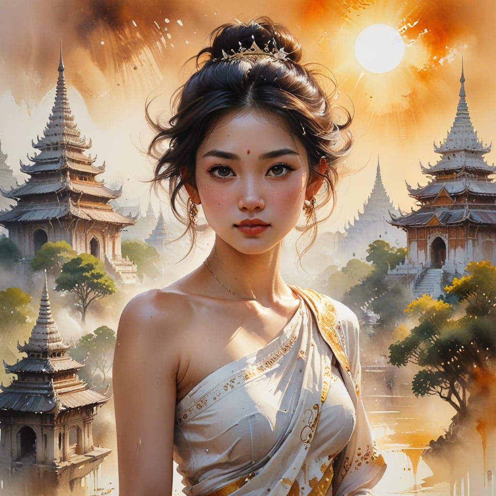 Mandalay Palace at Golden Hour in Watercolour Style