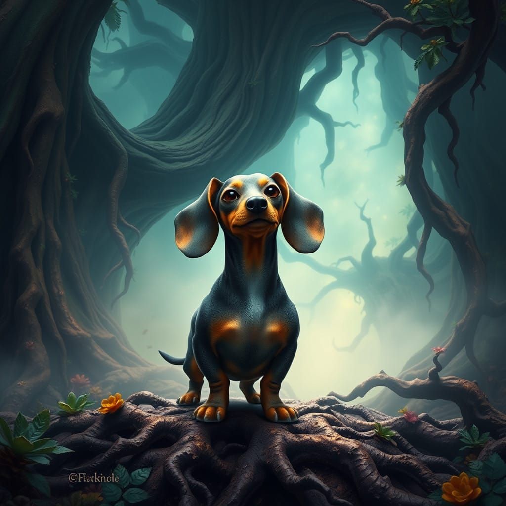 Whimsical Dachshund Stands Heroically in Enchanted Forest